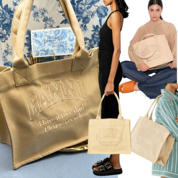 Ganni Handbags - 🆕 GANNI 🧿 NWOT Large Easy Shopper Tote Bag, Beige Canvas & Beige Embroidery